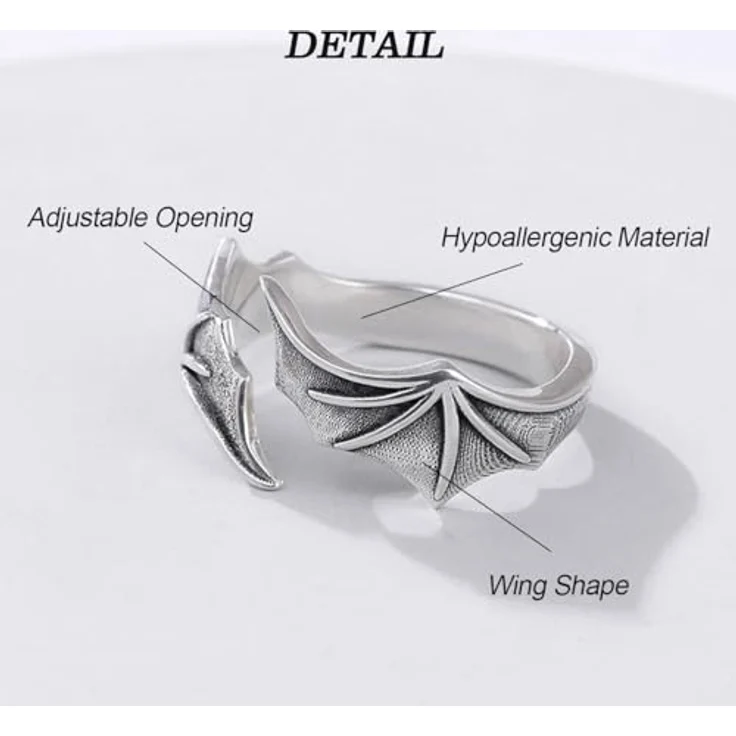 KONFEN Flügel Herren Ring, Wikinger Verstellbarer Ring aus hypoallergenem Material, Silber, Vintage Hip Pop Offenes Design für Herren mit einzigartiger Textur – Bild 4
