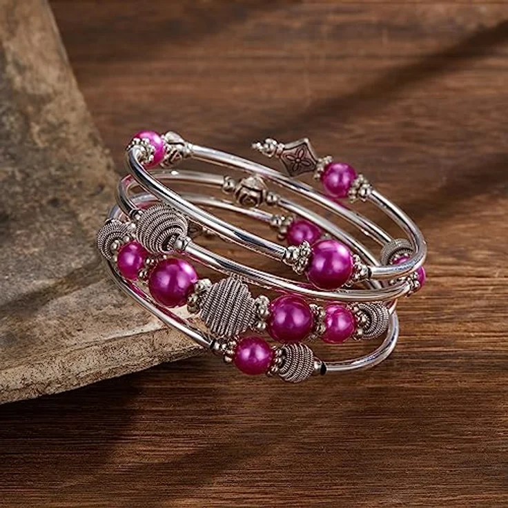Bulinlin Wickelarmband mit Naturstein Perlen, Boho Mehrschichtig, Silber, Fuchsie, ideales Modegeschenk für Damen – Bild 4