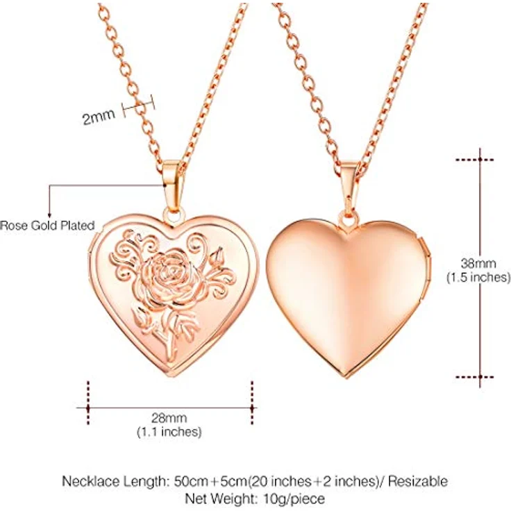 U7 Herz-Medaillon Kette zum Öffnen in Roségold, personalisierbares Foto-Amulett mit elegantem Blumen-Herzanhänger, 50-55 cm einstellbare Kettenlänge – Bild 3