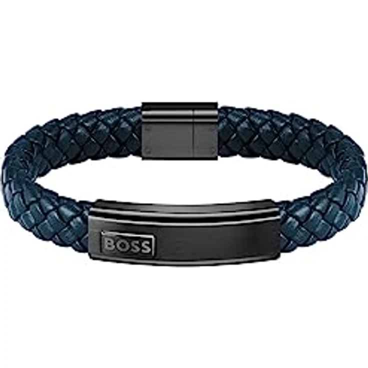 BOSS Jewelry Armband für Herren Kollektion LANDER, dunkelblaues Lederarmband mit Edelstahlverschluss und graviertem Schriftzug, Innenumfang 19 cm, magnetischer Verschluss – Bild 1