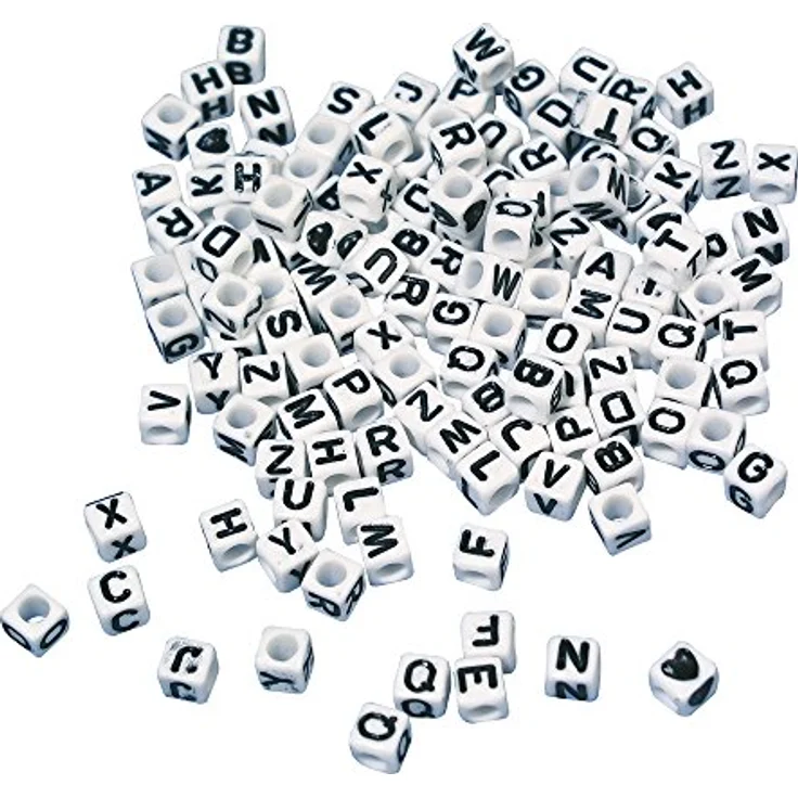 Rayher Plastik-Buchstaben-Perlen Würfel, weiß, 5 x 5 mm, 4seitig schwarze Buchstaben, lutsch- und speichelecht, 40 g für Schmuck und Basteln, 1610102 – Bild 1