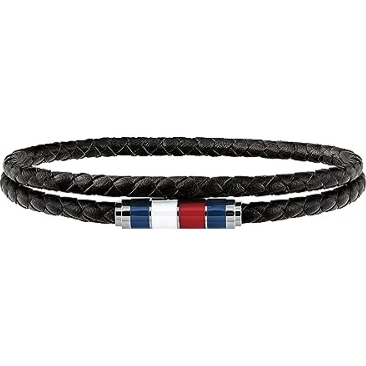 Tommy Hilfiger Casual Core Herren Armband, Leder Schwarz und Edelstahl Silber, 19 cm mit Emaille Akzenten in Blau/Rot/Weiß