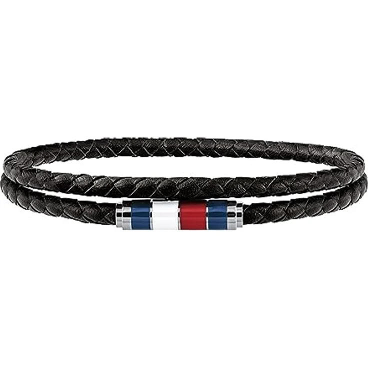Tommy Hilfiger Casual Core Herren Armband, Leder Schwarz und Edelstahl Silber, 19 cm mit Emaille Akzenten in Blau/Rot/Weiß