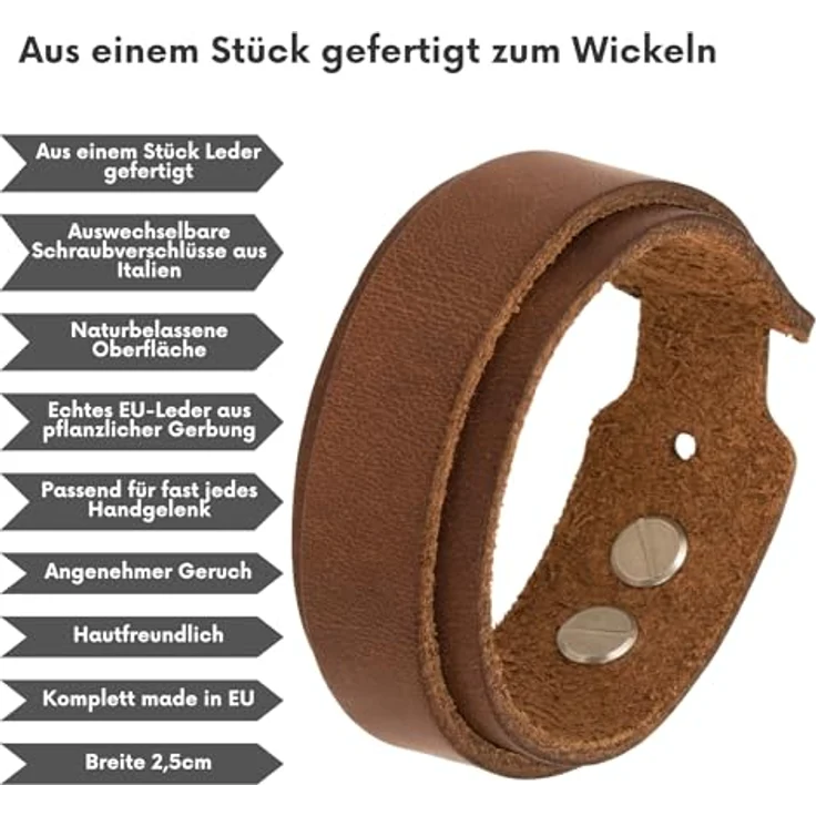Simaru Lederarmband, 25mm breit, pflanzlich gegerbtes Echtleder, robuste Schraubniete, allergikerfreundlich für Damen und Herren – Bild 3
