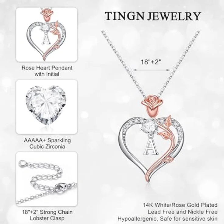 TINGN Herz Halskette mit Buchstaben M, Damen Silber Kette aus 14 Karat platiertem Weißgold, 45,7 cm + 5,1 cm, mit Zirkonia, Geschenk für Frauen, Mädchen, Mutter – Bild 4