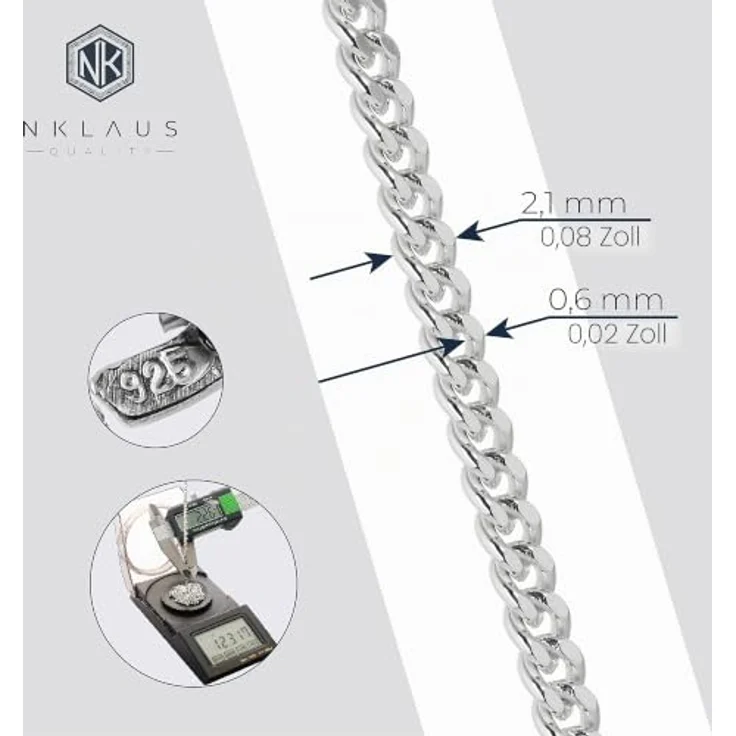 NKlaus Panzerkette Silber 925, 65 cm lang, 2,1 mm breit, leichte Damen-Halskette – Bild 2