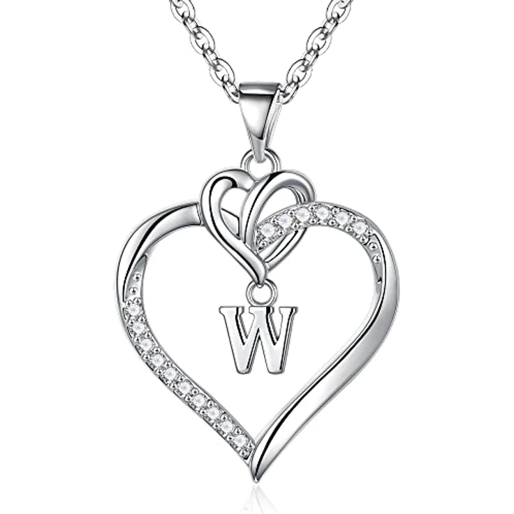 TINGN Herz Initial Halskette Damen, 14K weißgold vergoldet mit CZ Herz Anhänger und Buchstabe W, 45 cm plus 5 cm Verlängerung, elegantes Geschenk für Mädchen und Frauen – Bild 1