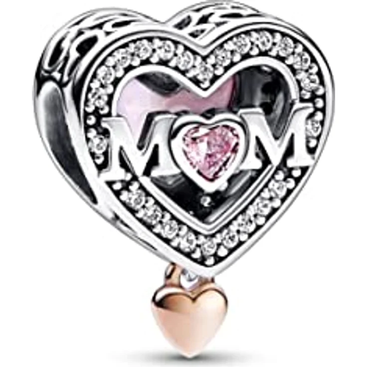 PANDORA Moments Bicolor Offen gearbeitetes Mum & Herz Charm mit Zirkonia, rosafarbener Cabochon, kompatibel mit Moments Armbändern, 782653C01 – Bild 1
