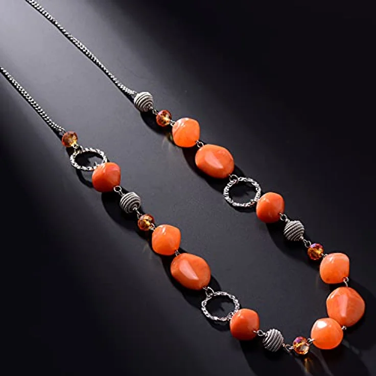 Bulinlin Silber Perplen Lange Kette für Damen, Boho Statement Chain Halskette in Dunkel Orange, 35+3 Zoll – Bild 4