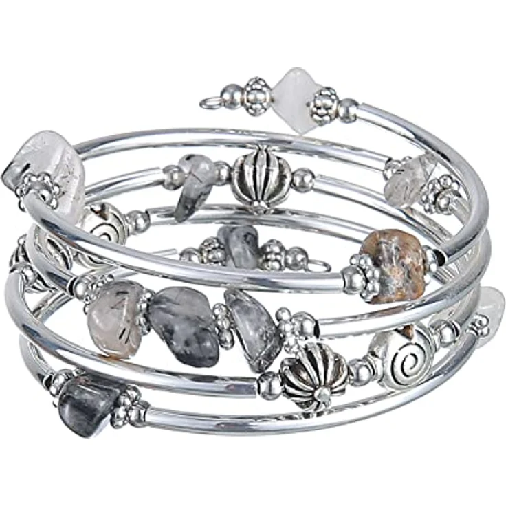 FULU AUTUMN Damen Boho Armband mit mehrlagigen Perlen aus Silber, Wickelarmband aus Natursteinen, Geschenkbox, grau – Bild 1