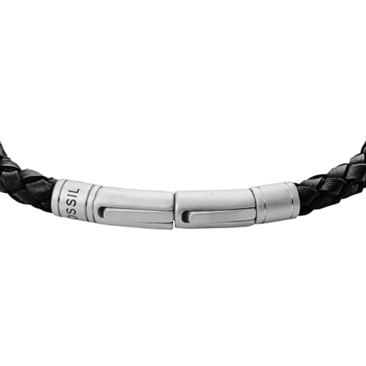 Fossil Herren Armband aus echtem Leder oder Edelstahl, verstellbarer Verschluss, schwarz und silber, Gesamtlänge 2022 cm – Bild 4