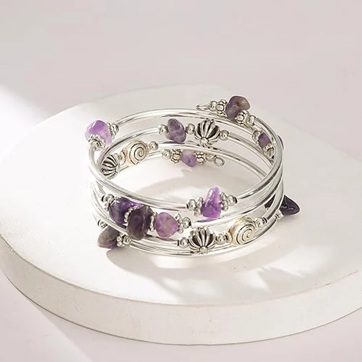 FULU AUTUMN Damen Boho Armband, mehrlagiges Silber Wickelarmband mit Natursteinen und Kristallchips, lila – Bild 2
