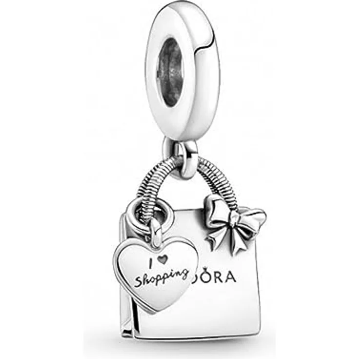 PANDORA Einkaufstasche Charm-Anhänger, Sterling Silber mit eingravierter Botschaft „I Love shopping“ und Schleifendetail