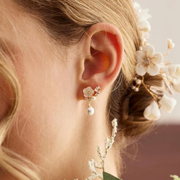 HARJJME Blumen Ohrringe 925 Silber, 14K vergoldet, hängend mit Perlen und Zirkonia, hypoallergen, 5,3 cm lang, Geschenkbox für Frauen – Bild 3