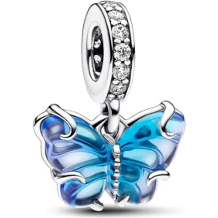 PANDORA Moments Blauer Murano-Glas Schmetterling Charm-Anhänger aus Sterling Silber mit Cubic Zirkonia, kompatibel mit Moments Armbändern, 792698C01