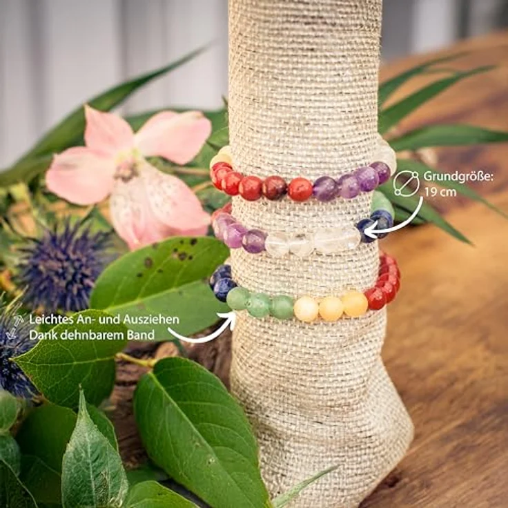 Lebensquelle Plus Kugelarmband, 8 mm Edelsteinarmband mit dehnbarem Band und Edelsteinkarte, Chakra-Design – Bild 4