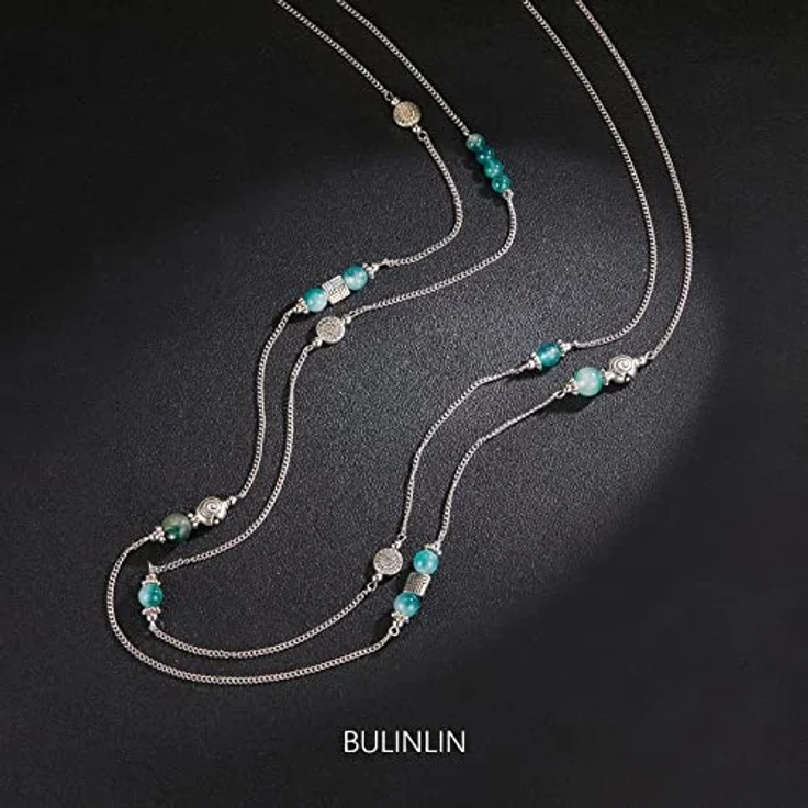 Bulinlin Damen Lange Perlen Kette, Statement Halskette mit Silber Anhänger, 36,5 Zoll, Jade green – Bild 2
