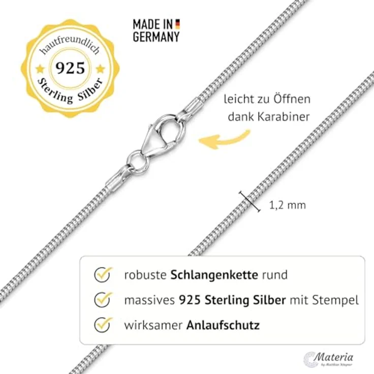Materia Damen Schlangenkette Silber 925, rhodiniert, 1,2 mm, 22-60 cm, Karabinerverschluss – Bild 2