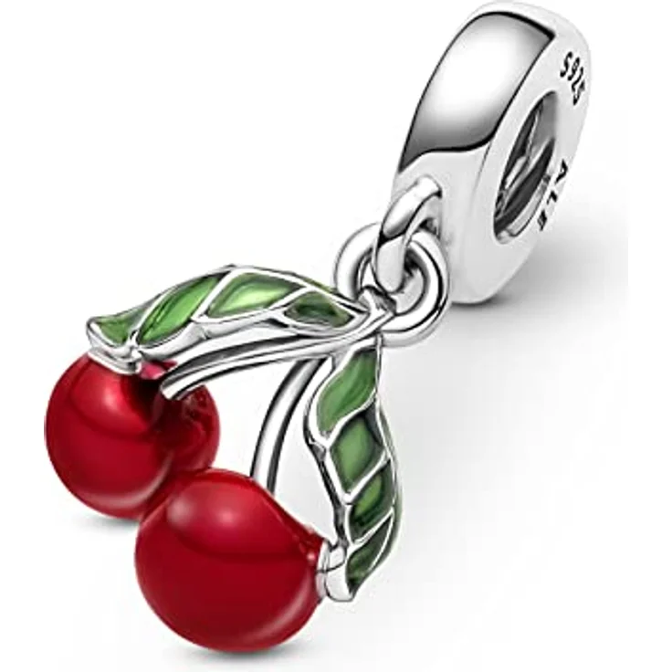 PANDORA Moments Asymmetrische Kirsche Charm-Anhänger aus Sterling-Silber mit transparenten grünen Blättern, kompatibel mit Moments Armbändern, 791583C01 – Bild 4