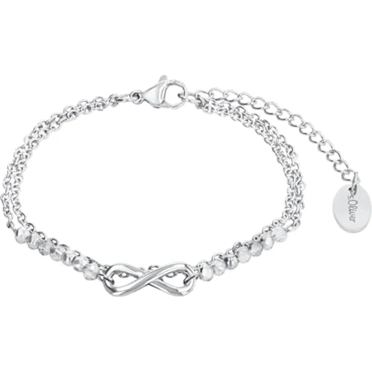 s.Oliver Damenarmband mit Infinity Anhänger, Edelstahl und silberfarbenen Glasperlen, Längenverstellbar 16-20 cm