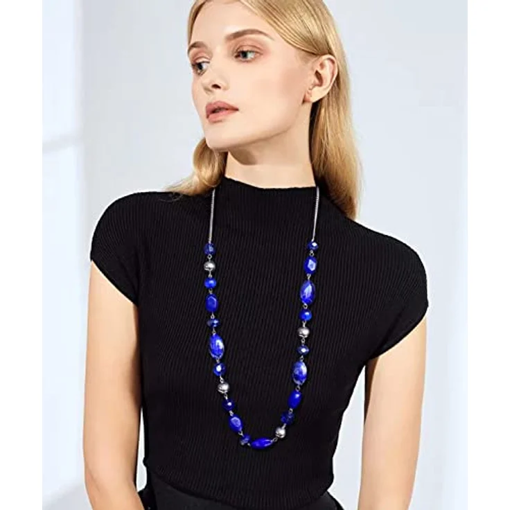 FULU AUTUMN Lange Perlenkette Damen Boho 35 Zoll, Hypoallergen, Handgefertigt, Blau-Saphir – Bild 4