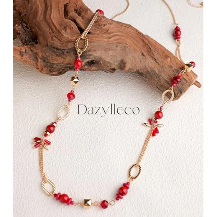 Dazylleco Lange Gold Perlenkette Damen Boho Halskette mit Natursteinen und Holzperlen, 90cm, dunkelrot – Bild 4