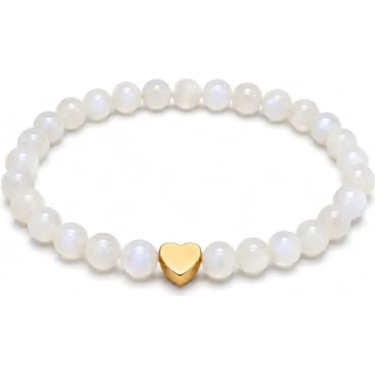 GD GOOD.designs Edelstein Mondstein Armband mit 18K vergoldetem Edelstahl Herz | Wasserfestes Perlenarmband mit echten 6 mm Naturstein Perlen, elastisch 15–19 cm, inkl. Schmuckbeutel