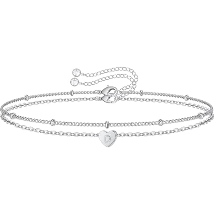 TINGN Silber Herz Armband mit initialem D, personalisiertes Damen Schmuckset, 14 Karat vergoldet, verstellbar 15cm + 5cm, Geschenkidee für Frauen und Mädchen – Bild 1