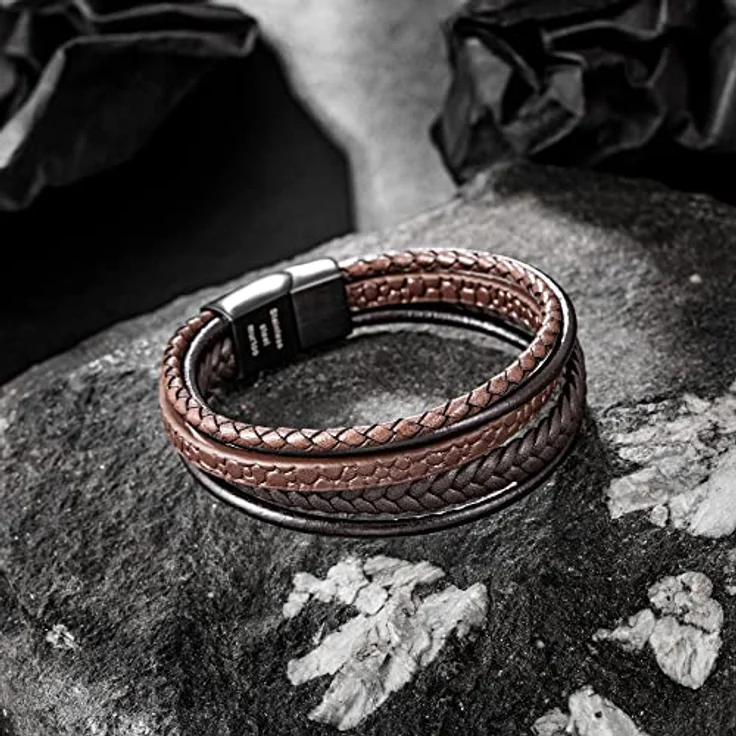 Speroto Lederarmband für Herren, geflochtenes Armband aus echtem Rindsleder und Edelstahl, braun, 23 cm – Bild 3