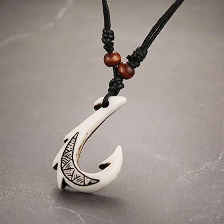 HZMAN Hawaiian White Fish Hook Anhänger, Harz mit Hanf Schnur Kette, Maori Stammes-Halskette, 3.2 * 4.8 cm, Geschenkbox inkludiert – Bild 4