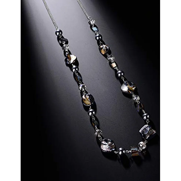 Bulinlin Damen Lange Perlenkette, Boho Silber Metallkette mit Harz- und Glaskristallperlen, 35 Zoll + 3 Zoll Verlängerung, Grau – Bild 4