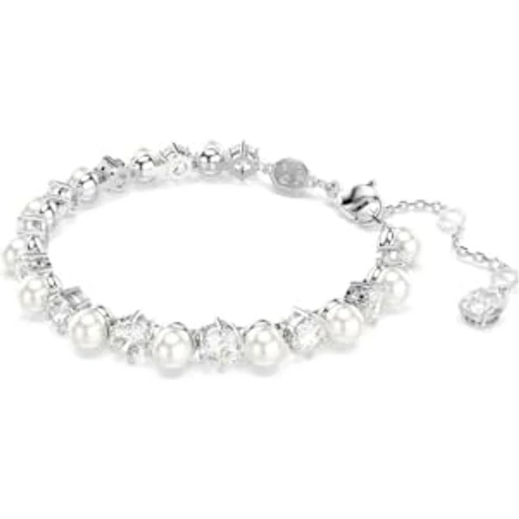 Swarovski Matrix Tennis Armband, Rhodiniertes Damenarmband mit Weißen Kristallen und Kristallperlen, Armbandlänge 16.5-21 cm, Breite 0.5 cm – Bild 2