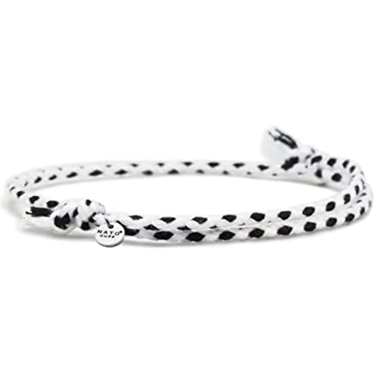 Nato Cuff Geflochtenes Baumwollarmband 2mm, Handgefertigt in Frankreich, Edelstahlmedaille 316L, Verstellbar, Schwarz-Weiss, Herren Damen Juwel – Bild 1