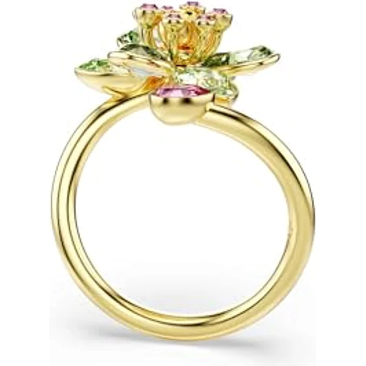 Swarovski Idyllia Offener Ring, Grüner vergoldeter Damenring mit Blumen-Motiv und Kristallen in Grün, Pink und Gelb, Größe 55 – Bild 3