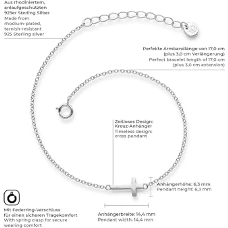 GLANZSTÜCKE MÜNCHEN Damen-Armband Kreuz aus anlaufgeschütztem Sterlingsilber, 17 + 3 cm, mit Anhänger, in Silber – Bild 2