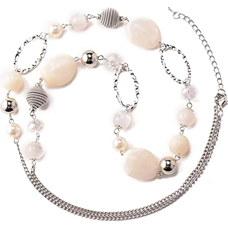 Bulinlin Silber Perplen Lange Kette Damen, Boho Statement Chain Halskette, 35+3 Zoll, weiß – Bild 2