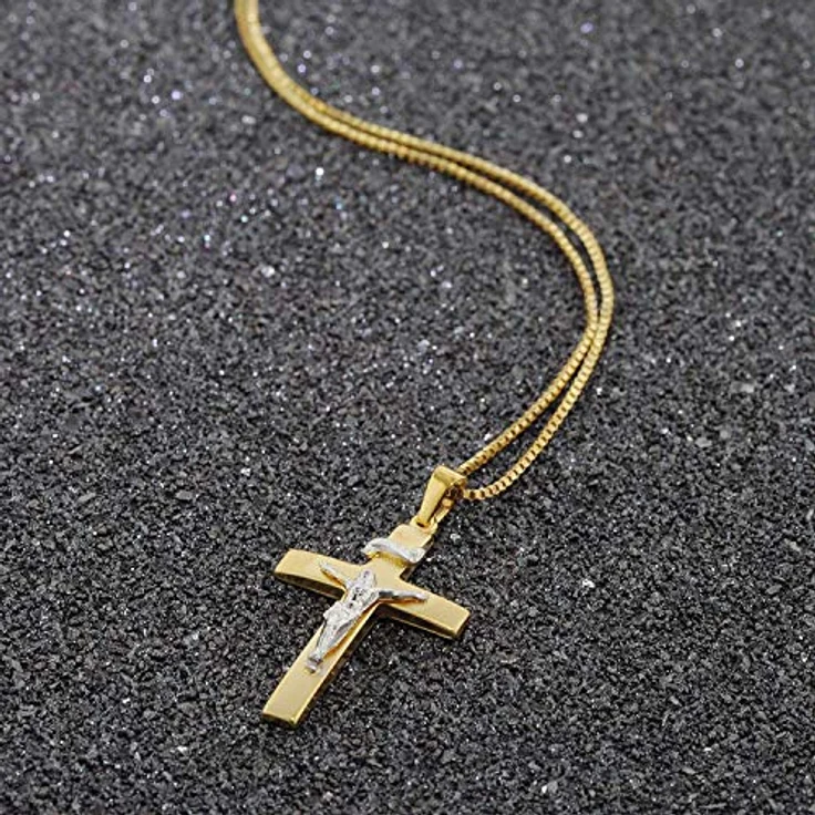 trendor Kruzifix-Anhänger Gold 333 mit goldplattierter Herren-Halskette, Bicolor Kreuz 31 x 19 mm, 60 cm Venezianerkette, elegantes Geschenk – Bild 5