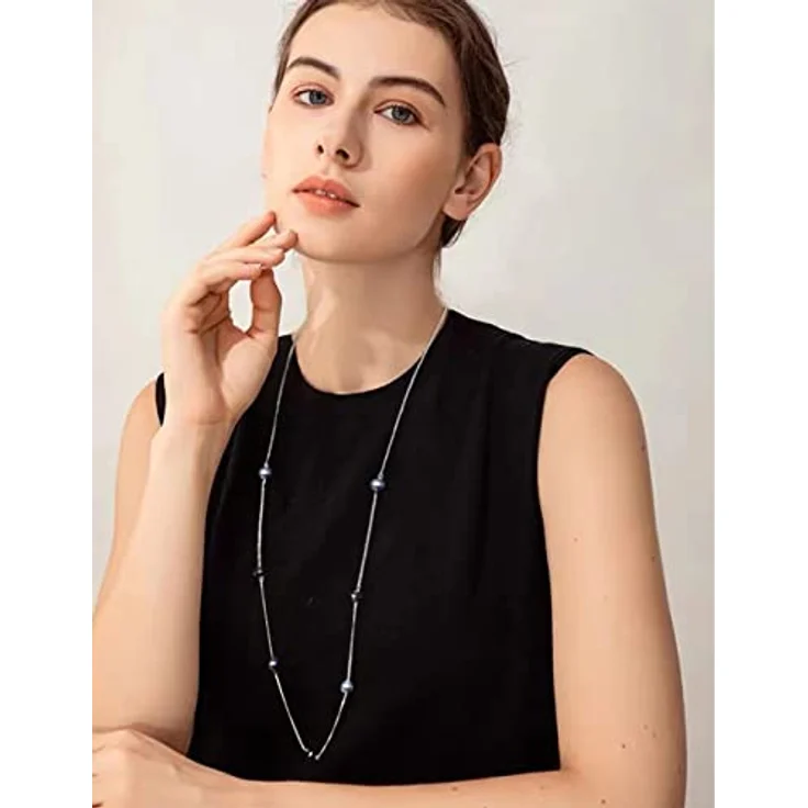 FULU AUTUMN Statement Kette, Lange Perlenkette in Silber, Zwei Strang, Anpassbare Längen 39-43 Zoll, Damen Modeschmuck, Geburtstagsgeschenk, Schwarz – Bild 3