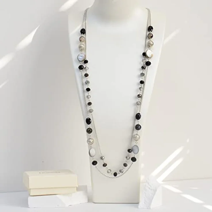 FULU AUTUMN Lange Perlenkette Silber, Zwei Strang Modeschmuck Halskette mit Kristall und Achatmuscheln, Geschenk für Damen (Schwarz) – Bild 3