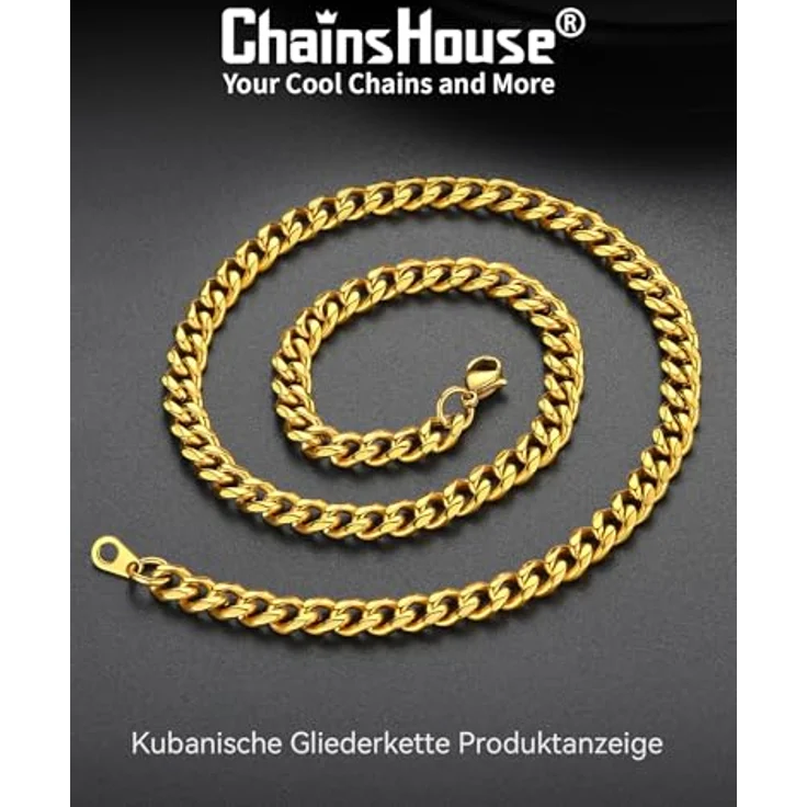 ChainsHouse Kubanische Panzerkette, vergoldete Herren Halskette aus Edelstahl, 76 cm, 6 mm breit, klassisches Design ohne Anhänger – Bild 4
