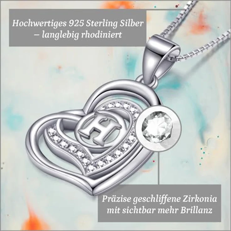Morella Damen Halskette Herz Buchstabe H, rhodiniertes 925 Silber mit weißen Zirkoniasteinen, 46 cm Länge – Bild 2