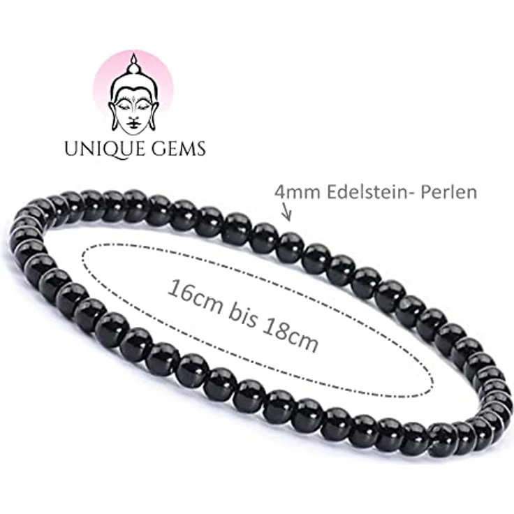 Unique Gems Perlenarmband schwarzer Onyx Ø 4mm, handgemachtes Chakra Damen Schutzarmband, elastisch, hohe Juweliersqualität – Bild 3