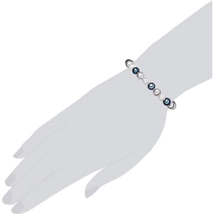 Valero Pearls Damen Perlenarmband, Süßwasser-Zuchtperlen 7-8 mm, Potato, weiß/silber/blau, 925 Sterling Silber, geknotet, Multicolor – Bild 3