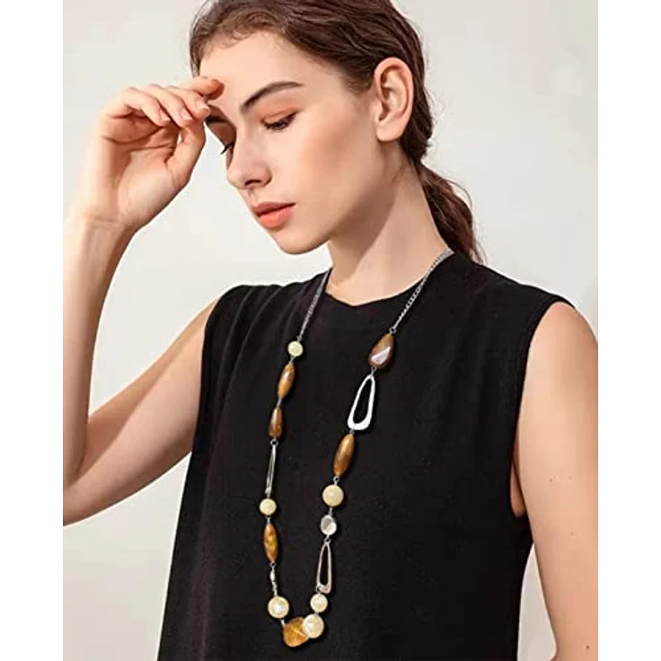 FULU AUTUMN Lange Perlenkette Damen Boho Statement Schmuck, 35 Zoll mit Karabinerverschluss, Camel Brown – Bild 5