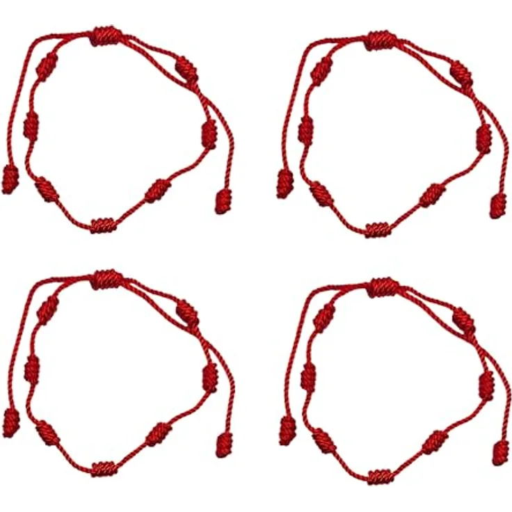 MYSTIC JEWELS Kabbalah Armband, verstellbar, rote Kordel mit 7 Knoten, Schutz vor bösen Augen, Unisex, 4 Stück
