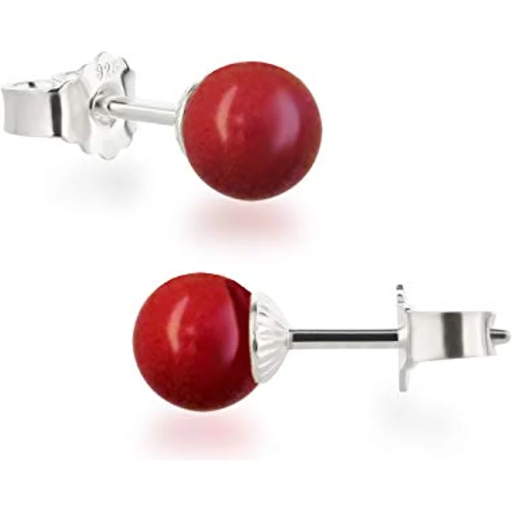 Schöner-SD Damen Ohrstecker 925 Silber mit runden Perlen 6mm in koralle-rot, hypoallergen und nickelfrei – Bild 1