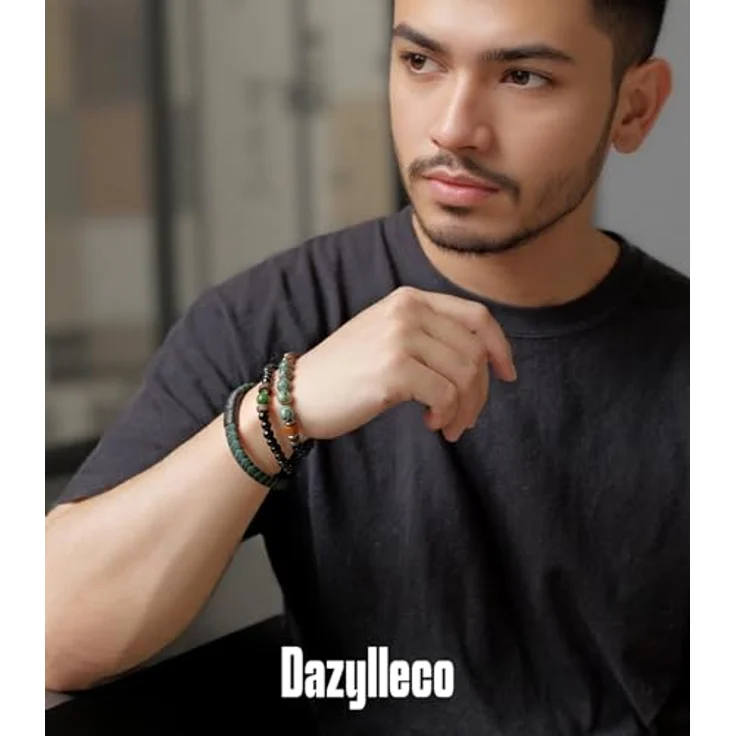 Dazylleco 3 Stück Herren Perlenarmband Set, Naturstein Armband aus Tigerauge und Achat, Edelstahl und Leder, verstellbar, Schwarz/Grün – Bild 5