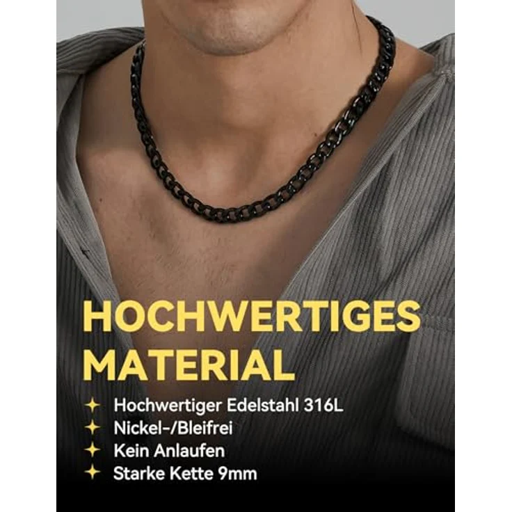 ChainsHouse Panzerkette Herren, Edelstahl Halskette 9mm, 76cm Länge, robuste Gliederkette für Punk-Halsreif – Bild 3