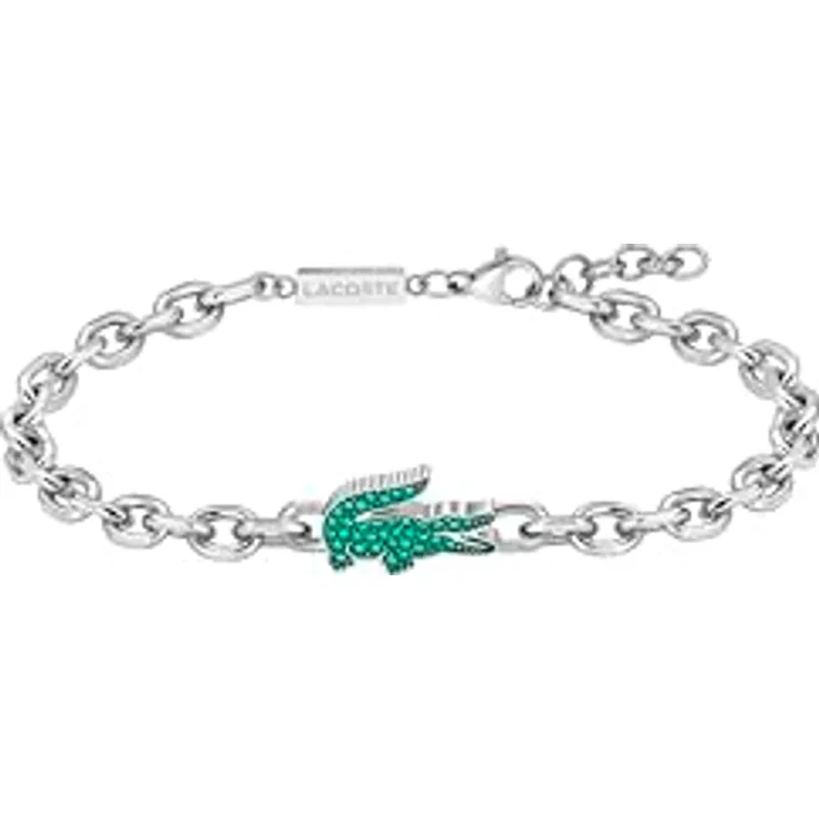 Lacoste Kollektion ARTHOR, Unisex Gliederhalskette aus Edelstahl mit grünen Kristallen, 175 mm + 25 mm Verlängerung