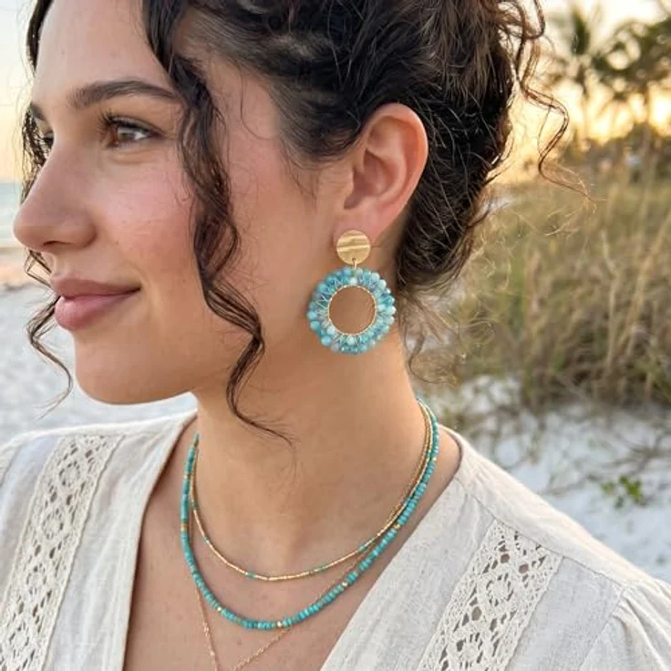 ROISE LADY Türkis Runde Hängende Damen Ohrringe, Boho Statement mit Kristallweberei, Leicht & Elegant für Sommerpartys – Bild 5